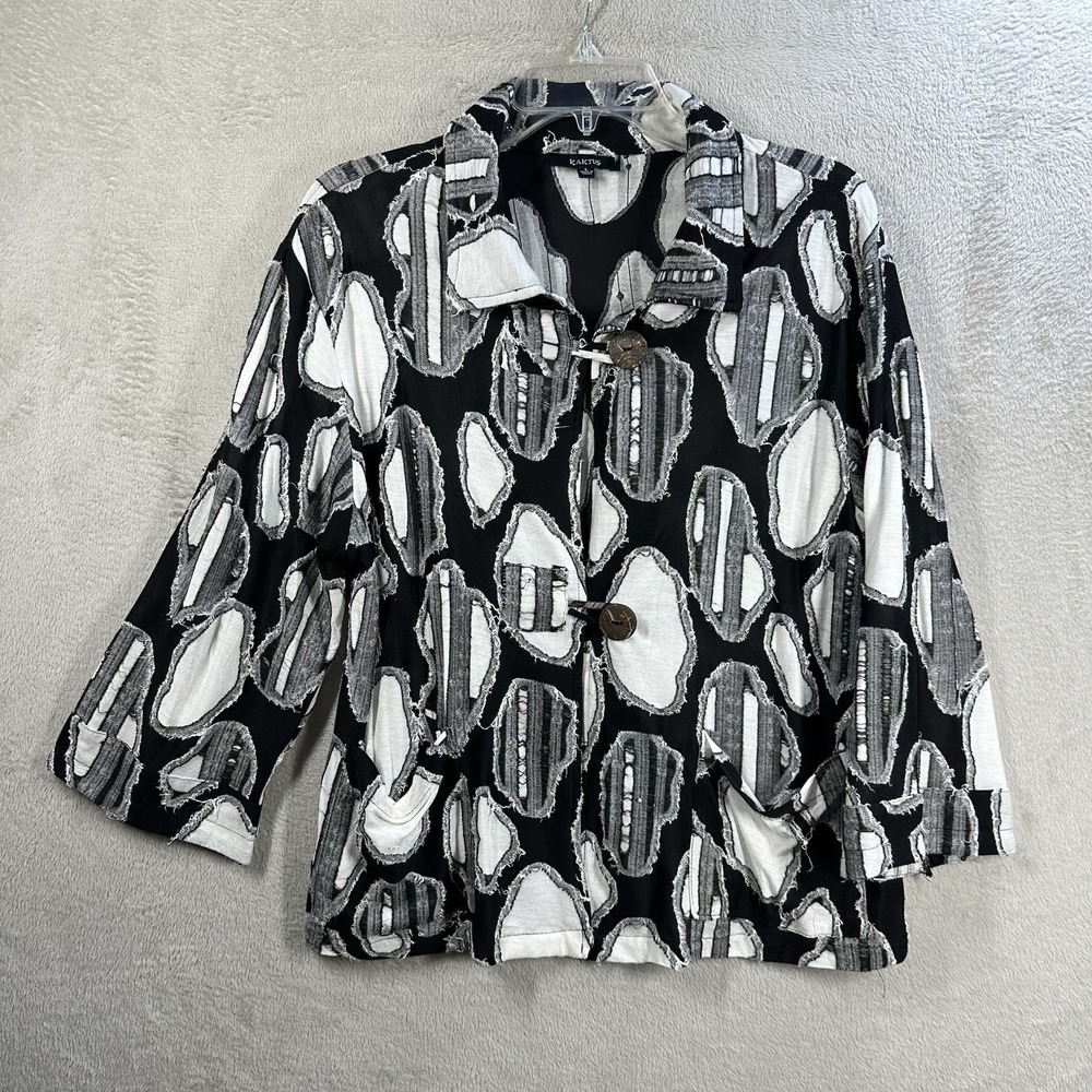 Kaktus Button Cardigan Top Size L Black White Abstract Artsy Lightweight